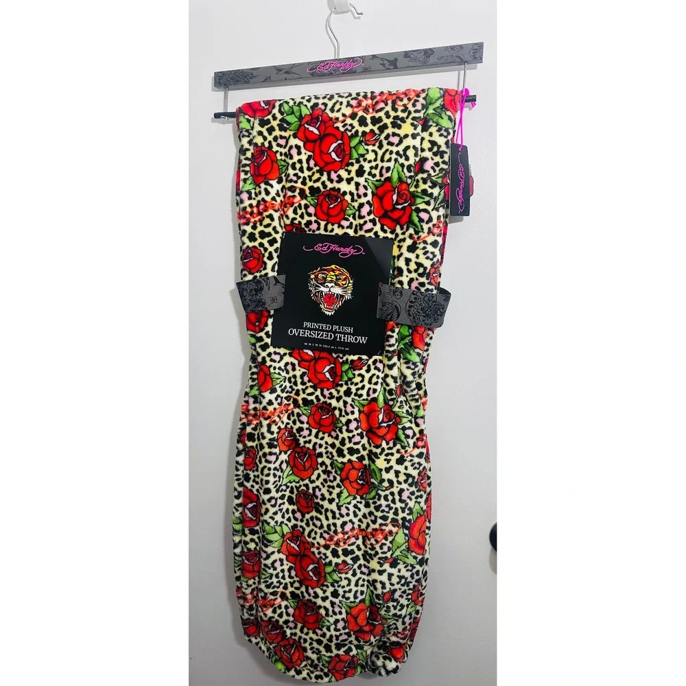 Ed Hardy Oversized Plush Throw Blanket 60x70 Cheetah Roses Y2K Tattoo Decor NWT